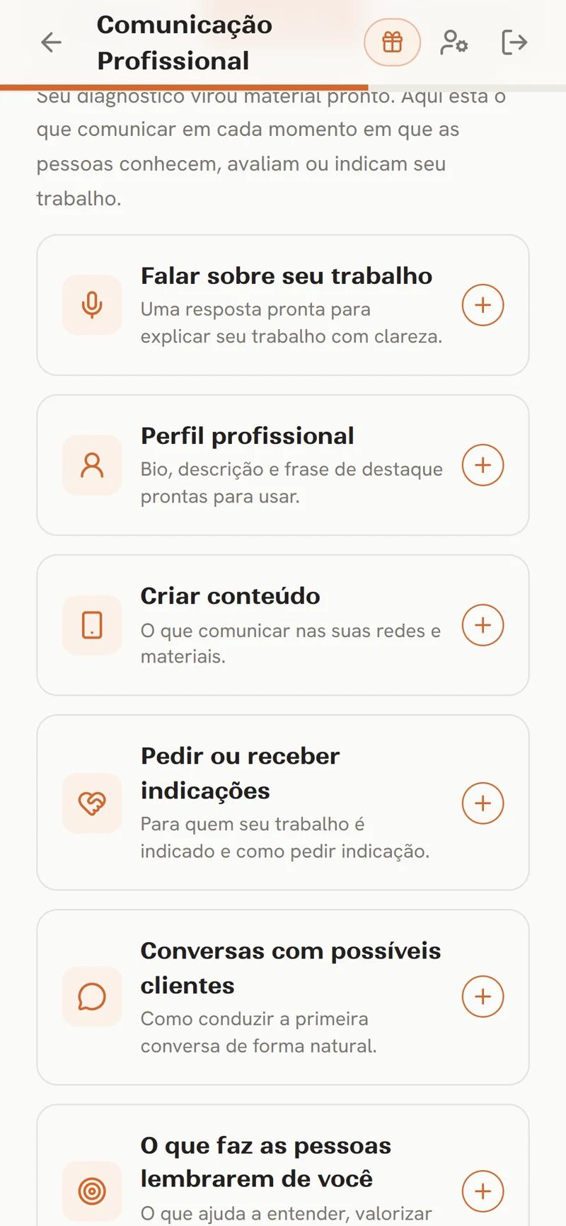 Tela do mini app com os textos prontos por situação de uso