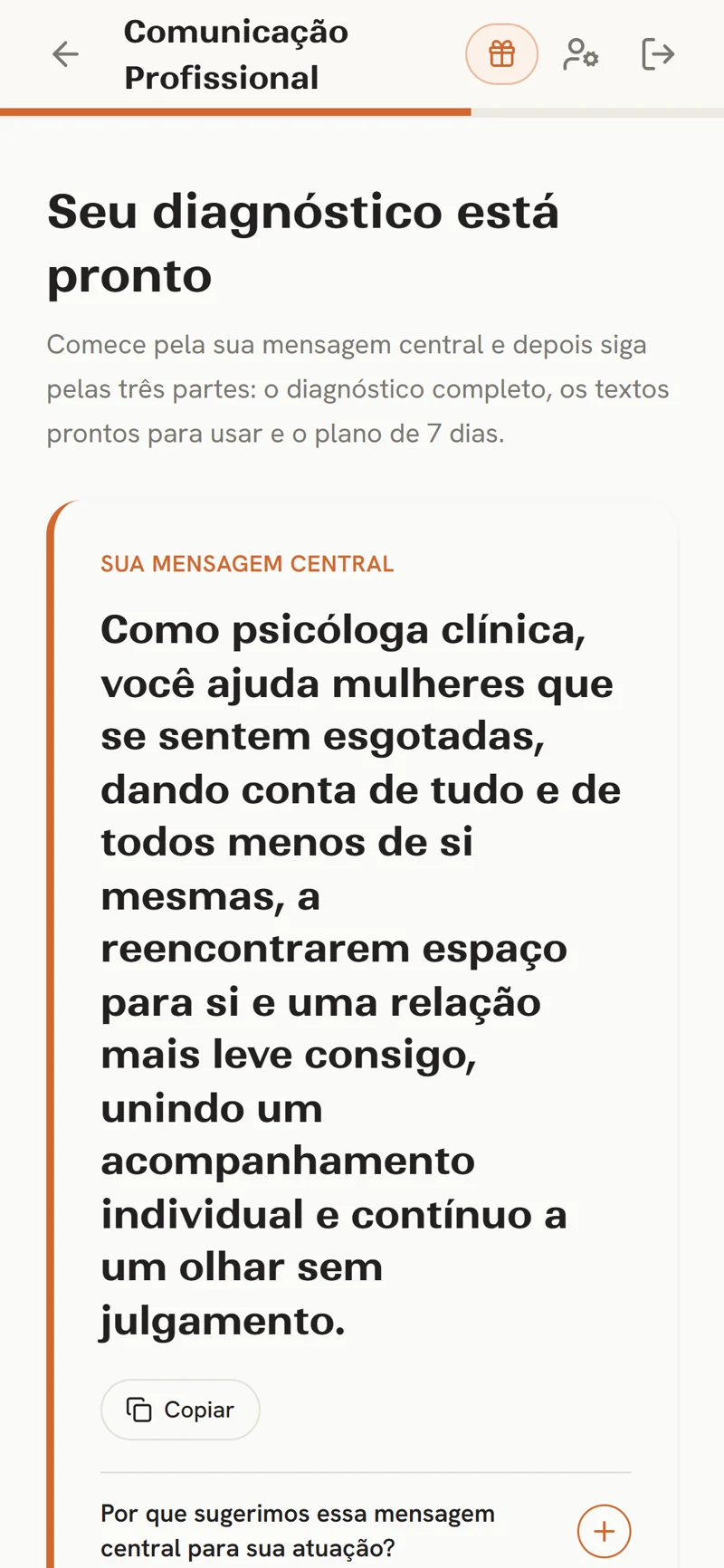 Tela do mini app com a mensagem central pronta